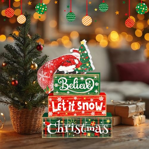 Britimes Christmas Tiered Tray Decor Set, 4 Pack, Wooden Table Sign, Santa - style: Santa Christmas Tree