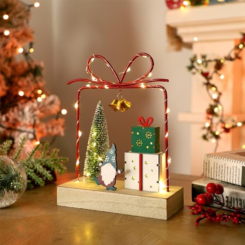 Christmas Tabletop Decoration, Wooden Lighted Christmas Gift Box Collectible Buildings Decorations, Christmas Giftboxes Santa Ornaments, Battery Operated Christmas Indoor Fireplace Table Decorations - style: Santa & Tree & Gift Box