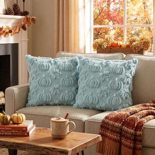 AVOIN colorlife Blue Pumpkin Fall Throw Pillow Covers 18x18 Inch - color: Blue Maple, size: 18" x 18" (Pack of 2)