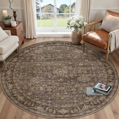 5x5 Dark Brown Vintage Round Rug - color: Brown, size: 5' (Round)