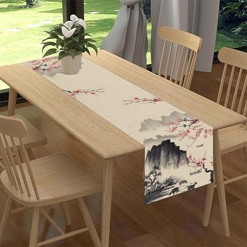 Japanese Table Runner, Traditional Cherry Blossom Vintage Asian Oriental Bird Line Art Print Table Decor for Family Kitchen Holiday Party Table Decorations Indoor Outdoor 13x36 inch - color: Cherry Blossom-7, size: 13x36" Table Runner
