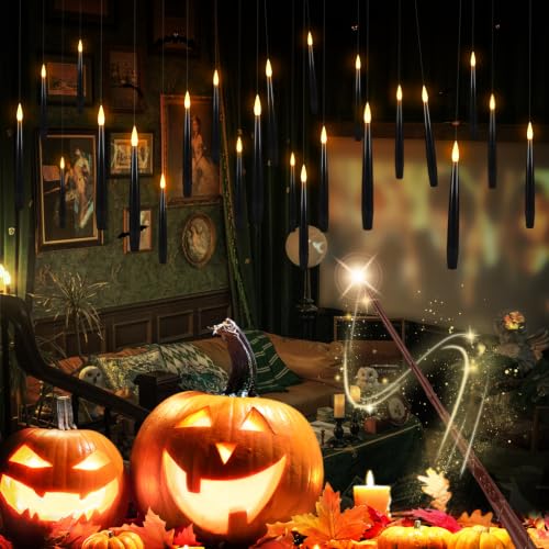 24 Floating Flameless Candles with Wands, Halloween Hanging Decor - color: Black-24Pack