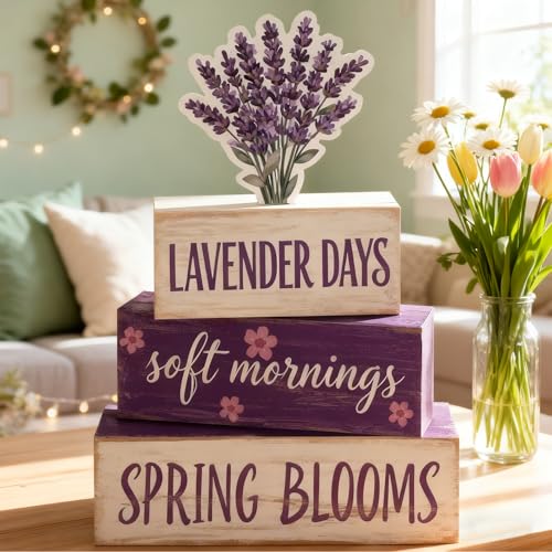 Spring Decoration Wooden Tiered Tray Decor – Rustic Lavender Days Stacked Block Sign with Lavender Flower Topper – Farmhouse Tabletop Spring Decor for Living Room Shelf Kitchen Coffee Bar Seasonal Home Display - style: Lavender