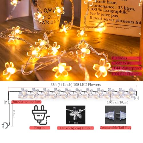 33ft 100 LED Plug in Glow Warm Fairy Flower String Lights Christmas Decor - color: Warm White
