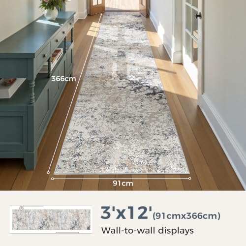 DMOYEST Washable Runner Rug for Hallway: 3x12 Neutral Modern Abstract Low Pile Area Rug with Non-Slip Backing - Carpet for Bedroom Kitchen Laundry Entryway Bathroom Indoor -Beige Blue - color: Beige Blue, size: 3' x 12' (Runner)