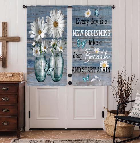Farmhouse Rustic Daisy Flower Kitchen Curtains 2 Panels Teal Blue Plank Inspirational Quote Small Short Cafe Tier Window Treatment Drapes Butterfly Bathroom Bedroom Curtain 27.5W X 39L Inches - color: 10 Farmhouse Rustic Daisy, size: 27.5"W x 39"L (Pack o
