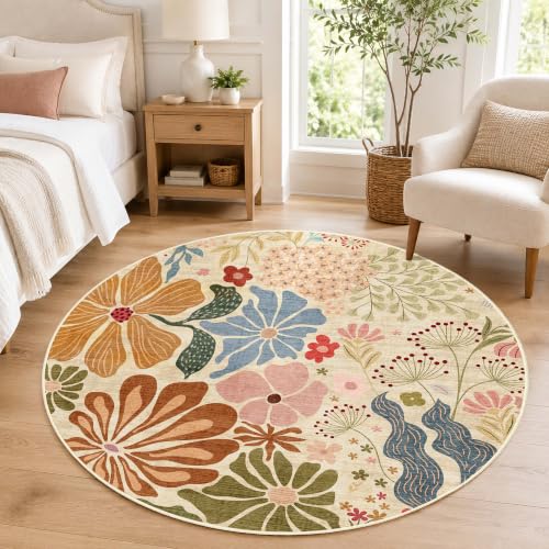 MUJOO Round Rug 5ft,Circle Washable Area Rug Non Slip Low-Pile Floral Beige - color: Beige, size: 5' (Round)