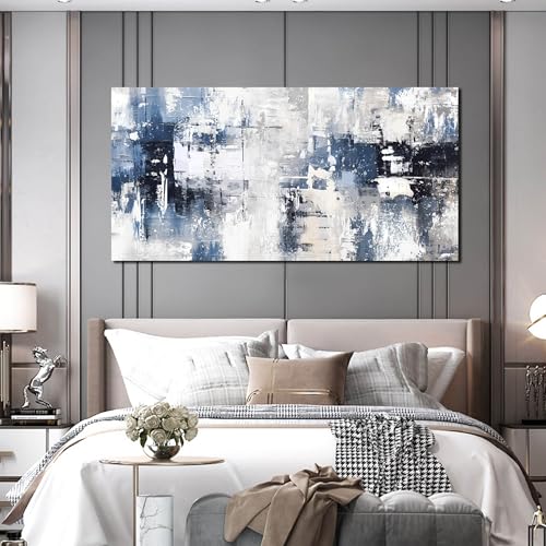 Prepeyssee White and Blue Abstract Canvas Wall Art for Living Room Bedroom Home Office Large Modern Grey Abstract Canvas Prints Picture Ready to Hang Size 29x59 - color: white, size: 29"L x 59"W