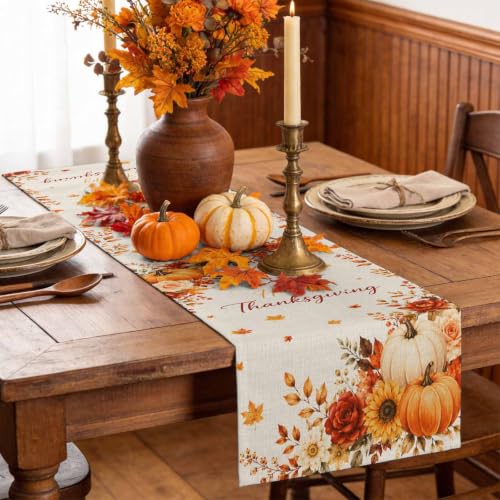 Fall Thanksgiving Table Runner 36 Inches Long,Orange Pumpkins Maple Leaf Flower Cotton Linen Table Runners Dresser Scarves,Farmhouse Fabric Tabletop Scarf Furniture Cover for Home Dinner Party 13"x36" - color: Cream, Terracotta, Dusty Rose, Autumn Orange,