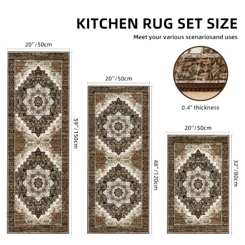 Kitchen Rugs Sets of 3 100% Non Slip Washable Kitchen Mats for Floor, Brown - color: Brown, size: 20"x32"+20"x48"+20"x59"