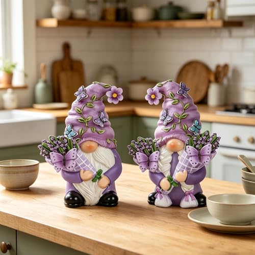 Purple Lavender Butterfly Couple Gnome Figurines(Resin, 3.9''H) - color: Purple