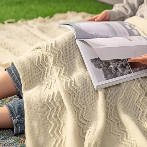 MIULEE Beige Knitted Boho Throw Blanket for Couch 50"x60" - color: Beige, size: 50" x 60"