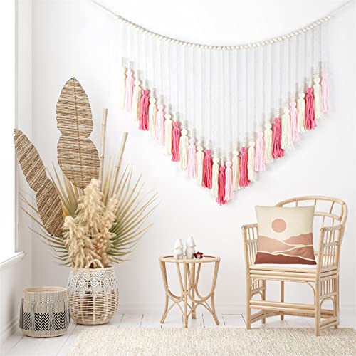 EOBTAIN Large Macrame Wall Hanging,Boho Blush Pink Tassel with Wood Beads Wall Decor for Nursery Bedroom Handmade Bohemian Tapestry for Living Room Dorm Home Decoration,Gifts for Girls Woman 30x36 Inch - color: Pink