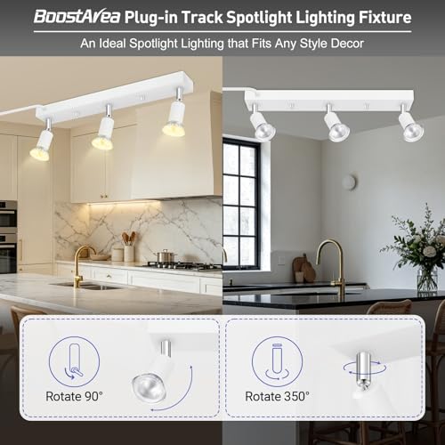 Plug in Track Lighting Kit 3 Light, White Track Light Fixture with Switch and Cord, Adjustable Spotlight Track Head for Kitchen Closet Gallery Wall Wash, Modern Linear Ceiling Light Bar,15ft Cord - color: White-3 Light