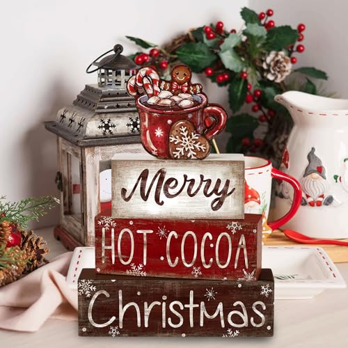 4Pcs Christmas Wooden Tabletop Decoration Hot Cocoa Wooden Block Signs Gift - style: Hot Cocoa
