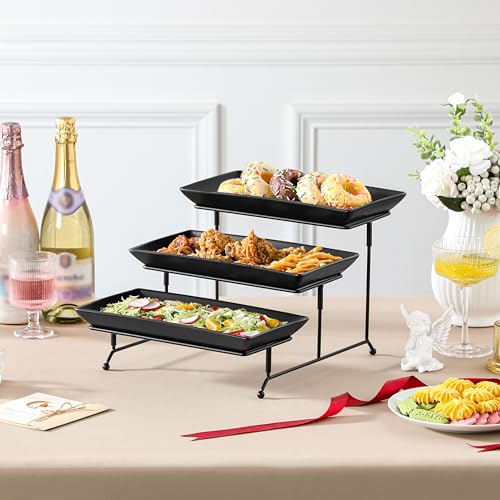 MALACASA 3 Tier Serving Tray, Porcelain Tiered Serving Trays Platters, 12 Inch Serving Stand with Platters,Black Dessert Stand with Collapsible Sturdier Metal Rack,Series PLAT - color: Black, size: 12 Inch