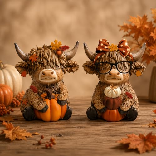 Karenhi 2 Pcs Fall Highland Cow Figurines Resin, Autumn Tabletop Decor - style: Autumn