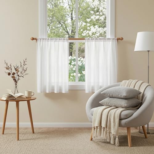 MYSKY HOME White Curtains 24 Inch Long for Kitchen, Semi Sheer Light Filtering Window Panels Rod Pocket Valance Neutral Drapes for Small Window/Cafe/Bathroom Basement, Pure White 2 Panels, 34 in Wide - color: Pure White, size: 34"W x 24"L (Pack of 2)