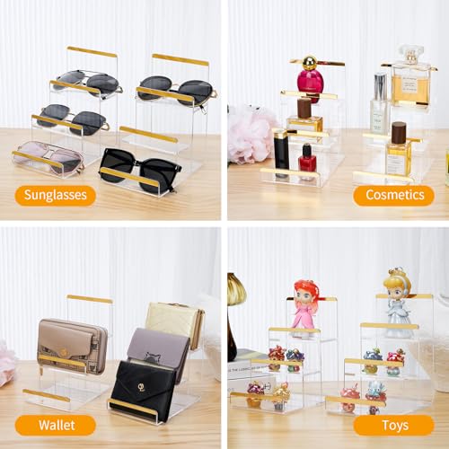 2 Pack 3-Tier Purse Display Stands, Acrylic Wallet Holder Risers Stand, 2-Inch Spacing Clear Clutch Rack Handbag Display Shelf, 4MM Thick Counter Wallet Organizer for Figure Sunglasses Retail Vendor - size: 3 Tier(2pack)