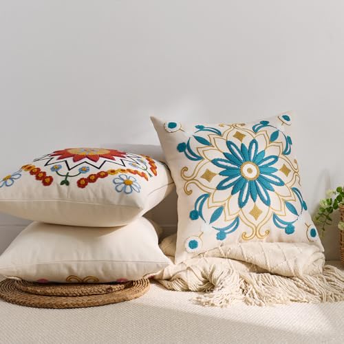 Embroidered Floral Throw Pillow Cover 22x22 Set of 1 Teal - color: Teal, size: 22" x 22" (Pack of 1)