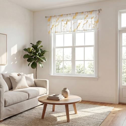 Horaldaily 2Pcs White Sheer Valance for Window 52x14in, Gold Sequin Marble - color: White and Gold, size: 52"W x 14"L (Pack of 2)