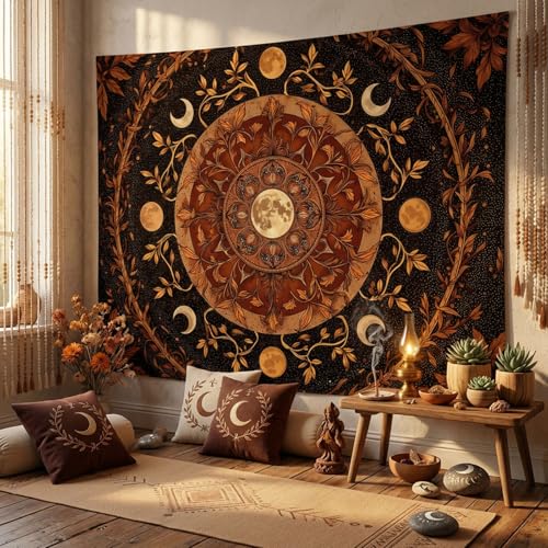 Spenlife Moon Phase Tapestry, Autumnal Mandala Tapestries for Bedroom, Boho Wall Decor, Botanical Tapestries (60" x 44") - color: Black Brwon, size: 60"L x 44"W
