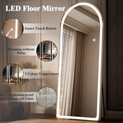 Arch LED Mirror Full Length - 26" x 71" Arched Top Rounded Corners Floor Full Body Mirror with 3 Color Lights Brightness Adjustable, Standing Leaning for Bedroom, Dressing Room, White - size: 71"L x 26"W