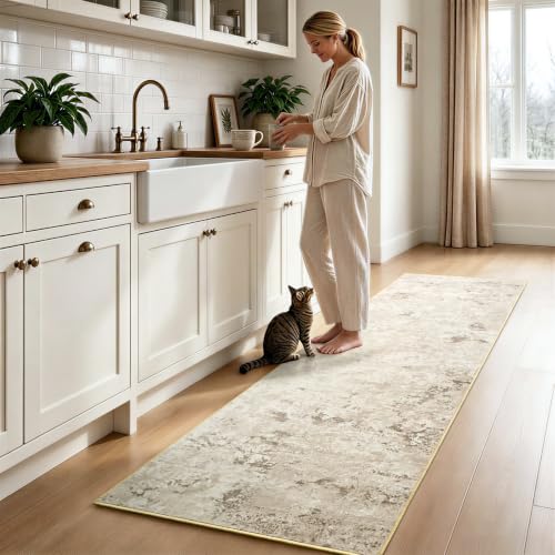 Toneed Washable 2x8 Non-Slip Abstract Runner Rug for Hallway Kitchen - color: Beige, size: 2' x 8' (Rectangular)