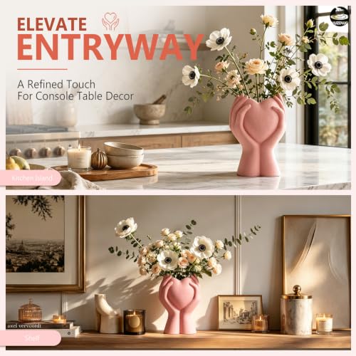 8 Inch Heart Hand White Ceramic Vase - Unique Modern Aesthetic Flowers Vase for Living Room Bedroom Office Kitchen Table Centerpiece or Shelf Decor - Gifts for Wedding Bridal Shower Women Mom (Pink) - color: Pink