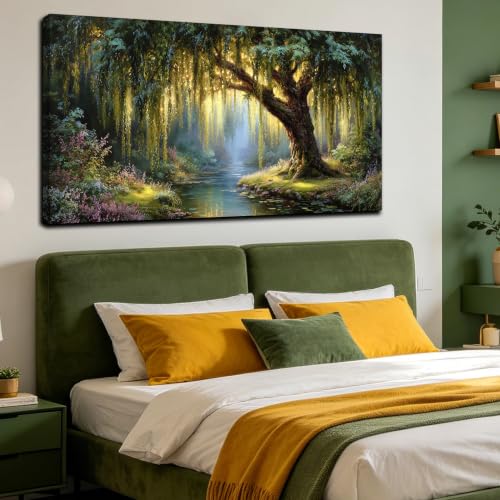 Green Willow Tree Canvas Wall Art Large Botanical Nature Wall Painting - color: Green, size: 58"L x 29"W
