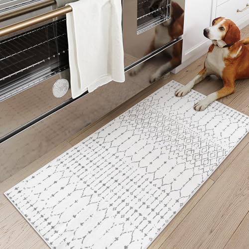 Lahome Moroccan Runner Rug for Hallway - 2x4 Rug Washable Non-Slip Small Carpet Runner Lightweight Throw Rubber Back Bath Carpet, Geometric Print Mat for Kitchen Entryway Bedroom Hana (White, 2'x4') - color: White, size: 2' x 4' (Runner)