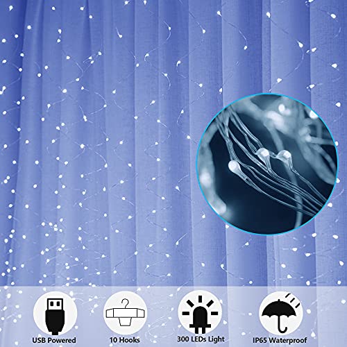 HOME LIGHTING Window Curtain String Lights, 300 LED 8 Lighting Modes Fairy Copper Light with Remote, USB Powered Waterproof for Christmas Bedroom Party Wedding Home Garden Wall Decorations, Cool White - color: White