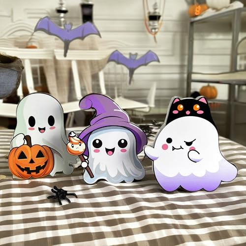 Cute Ghost Halloween Decor Set, Wooden Tiered Tray Decor Table Sign Set of 3, Halloween Decor, Kitchen Room Decor, Holiday Gift - style: Cute