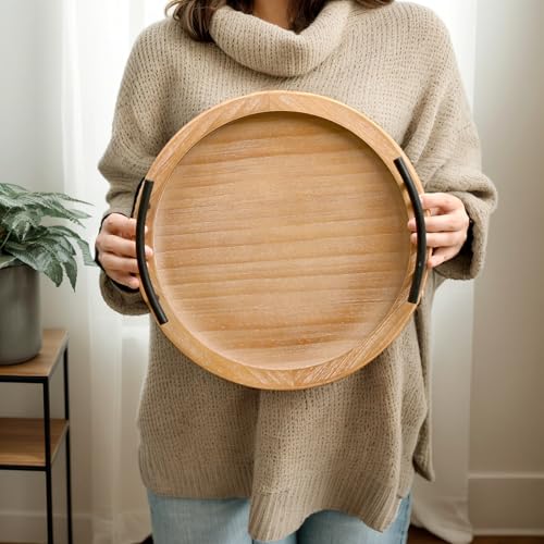 SwallowLiving Brown Wooden Beaded Serving Tray with Handle Decorative Rustic Tray for Coffee Table Farmhouse Round Tray for Kitchen, Living Room and Bedroom - color: Brown, size: 13"