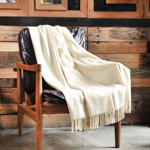CUDDLE DREAMS Premium Cashmere Throw Blanket with Fringe (Ivory) - color: Ivory