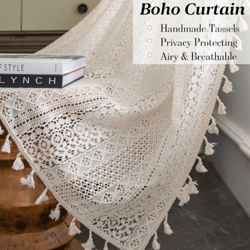 Sutuo Home Boho Curtains Crochet Lace Semi-Sheer Bohemian Hollow Knitted Handmade Tassels, Rod Pocket Window Treatment Vintage Rustic Farmhouse Drapes for Living Bedroom, 1 Panel 59" W x 63" L, Beige - color: Beige Crochet, size: 59"W x 63"L (Pack of 1)