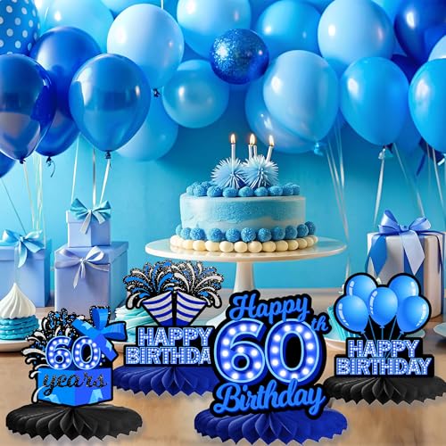 Happy 60th Birthday Honeycomb Centerpieces 9Pcs Stylish Sophisticated Blue Neon Theme Table Decor for Boys Girls Birthday Party Celebration Favors Decorations Photo Props Supplies - BECKTEN - color: 60