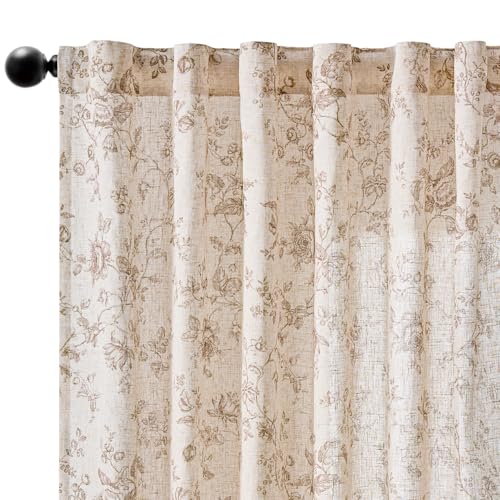 jinchan Linen Curtains 84 inch Taupe Floral Farmhouse Rod Pocket 2 Panels - color: Amlie Taupe, size: 50"W x 84"L (Pack of 2)