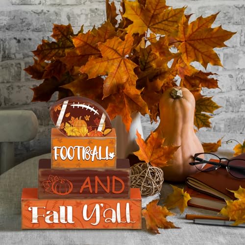 4 Pcs Fall Football Table Decor Football Wooden Blocks Signs with Sayings - style: Football