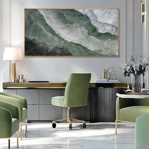 Green and White Textured Landscape Wall Art 24x48 Inch, Large Framed Canvas Artwork with Wood Frame, Abstract Nature Wall Decor for Living Room or Entryway - color: Sage Green, size: 48"L x 24"W