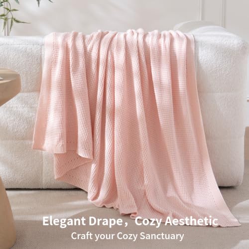 BOV Lightweight Cotton Blanket - Blush Pink Waffle 100% Cotton Knit Throw Blanket Twin Size, Soft Breathable Decorative Blanket for Bed Couch Sofa, Ideal Throw Blankets for Women Gift, 60"x80" - color: Blush Pink, size: 60"x80"