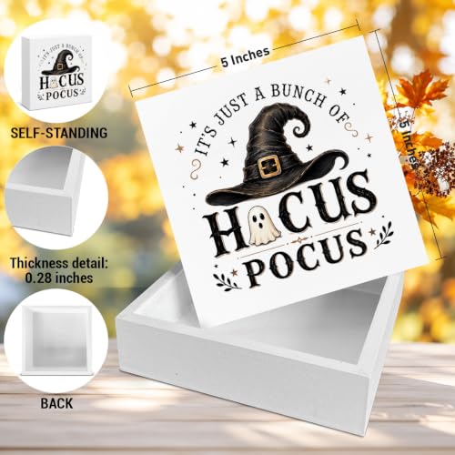 Halloween Witch Hat Desk Decor, Cute Ghost Hocus Pocus Wooden Box Sign, Gothic Shelf Decor for Home Office Table Decoration 5x5 Inches - color: Sign-3