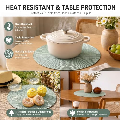 FunWheat Round Braided Placemats Set of 6 Place Mats for Dining Tables Woven Washable Non-Slip Table mats 15 inch(Fog Green, 6pcs) - color: Fog Green, size: Set of 6