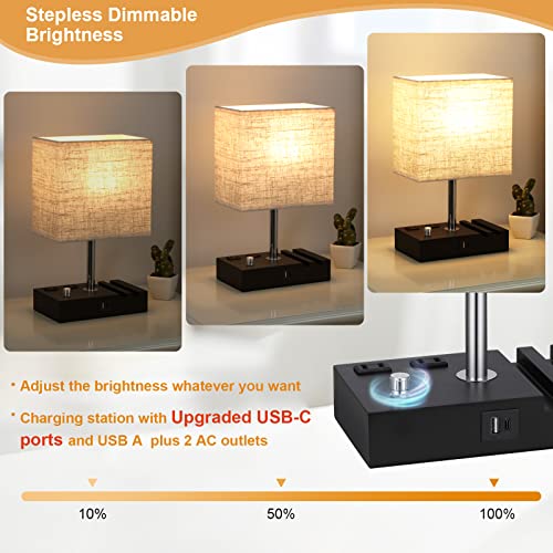 Beige Table Lamp for Bedroom - Stepless Dimmable, USB C+A, 2 AC Outlets - color: Beige with Knob Switch, size: 1 Pack
