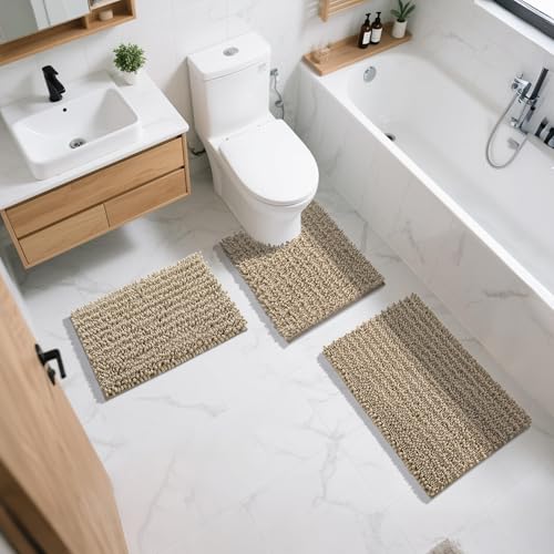 Yimobra Bathroom Rugs Sets 2 Piece, Super Absorbent Bath Mat Set,Pale Khaki - color: Pale Khaki, size: 32''x20''+24''x17''