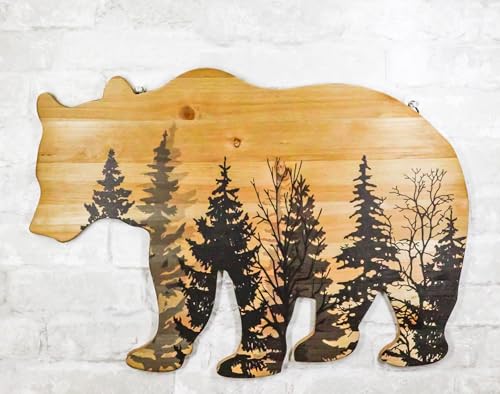 Ebros Gift Rustic Western Black Bear With Pine Trees Forest Silhouette Wooden Plank Cutout Wall Decor Sculpture Wildlife Forest Cabin Decor Accent