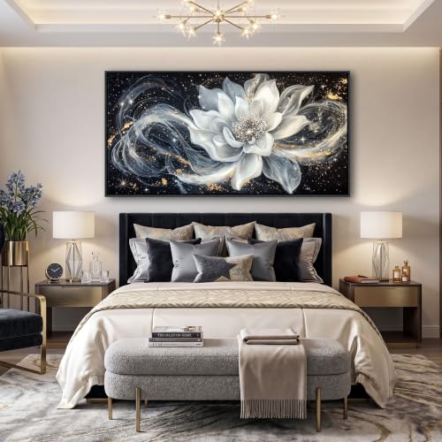 Abstract Flower Wall Art, Black and White Gold Simplicity Framed Canvas Painting Large White Lotus Modern Pictures Artwork for Living room Bedroom kitchen Home Office Decor 29x58 IN - color: Black, size: 58"L x 29"W