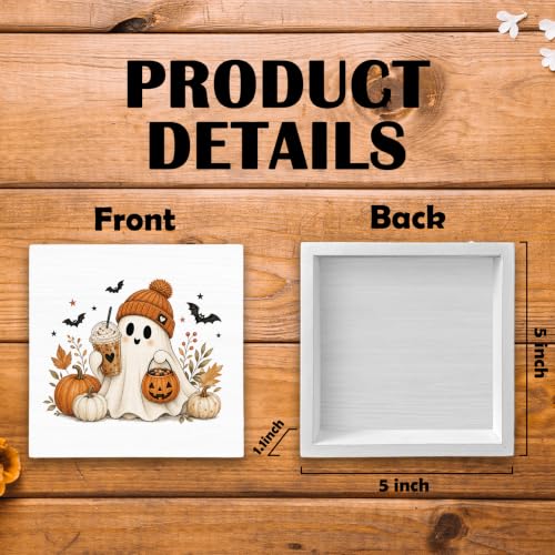 Halloween Fall Ghost Coffee Pumpkin Wood Box Sign Desk Decor 5X5 - color: Cozy Ghost