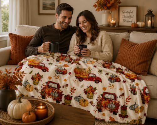 Fall Soft Fleece Throw Blanket, Harvest Pumpkins & Truck, 50" x 60" - color: Farm Truck
