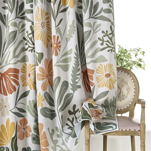 RoomTalks Cute Floral Blackout Window Curtains for Bedroom Living Room 84 Inches Length 2 Panels, Colorful Boho Matisse Flowers Botanical Curtain Panels Funky Aesthetic Window Drapes Green and Orange - color: Orange and Green